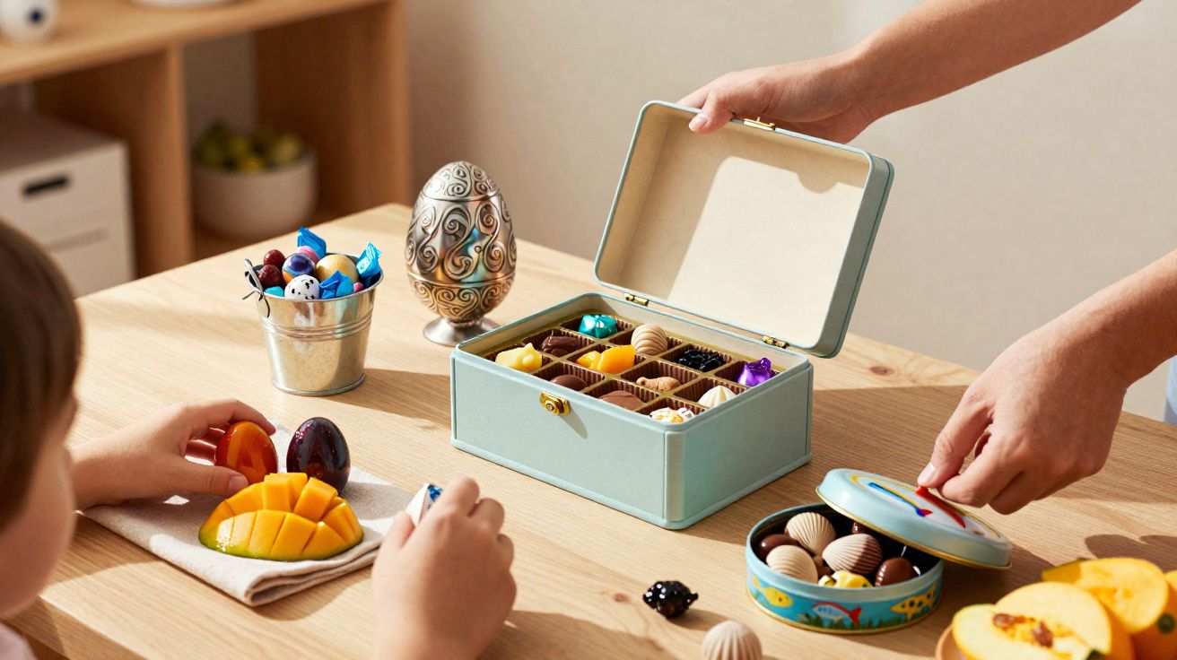 Mesa de madeira com caixas de bombons coloridos, frutas fatiadas e duas pessoas interagindo.