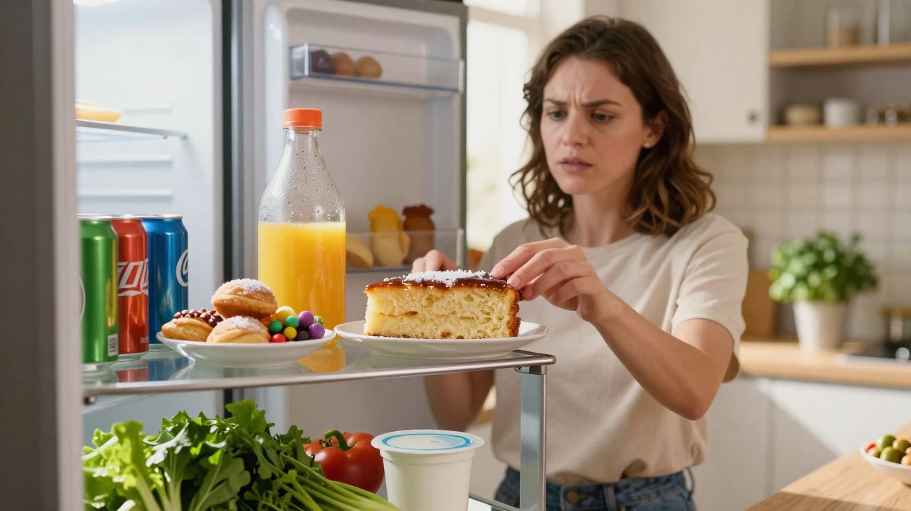 Mulher preocupada pegando fatia de bolo próximo a alimentos saudáveis dentro da geladeira aberta na cozinha.