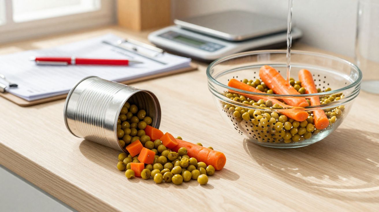 Ervilhas e cenouras saindo de uma lata, sendo colocadas em uma tigela de vidro com água em uma bancada de cozinha.