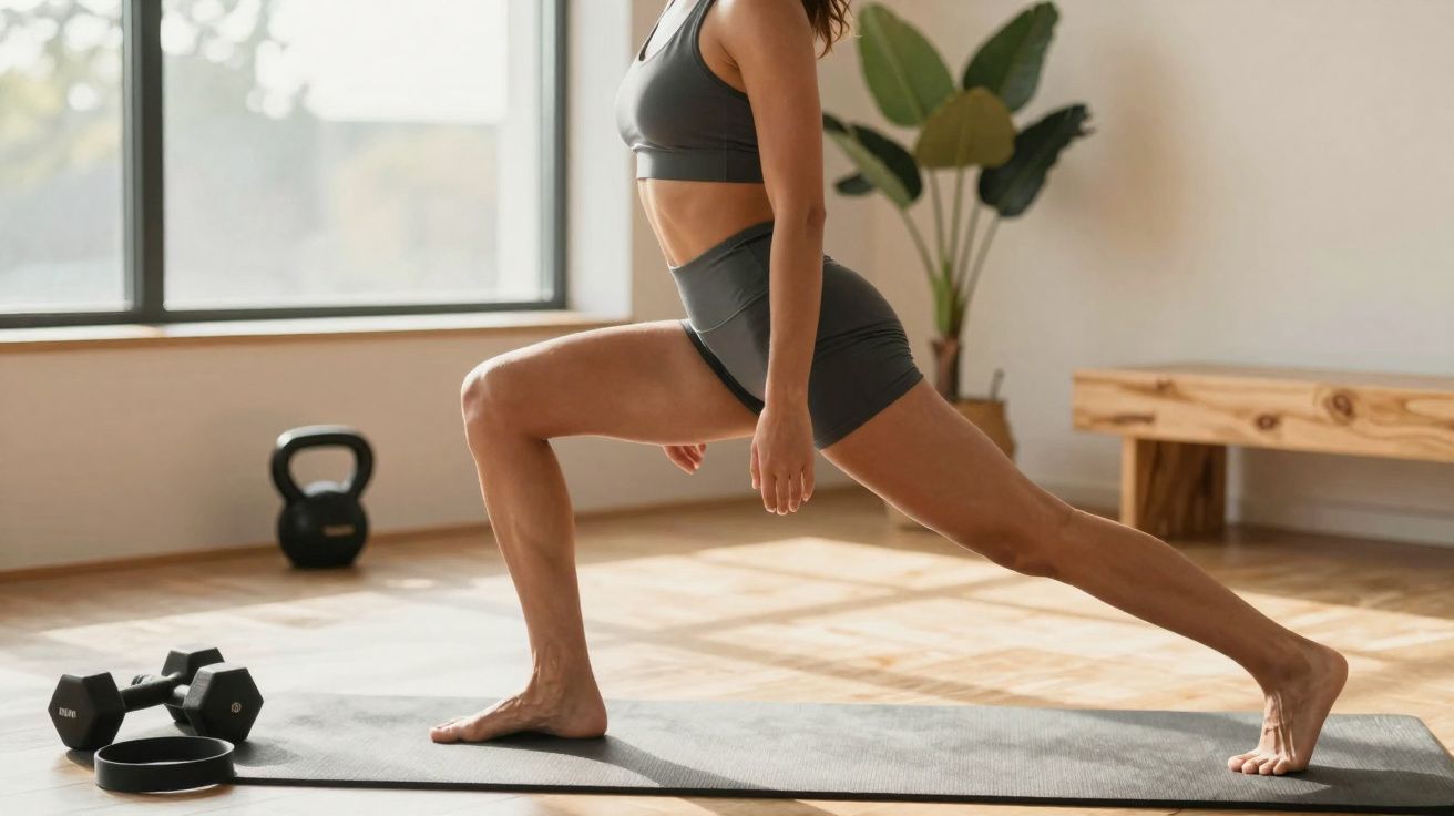 Mulher fazendo alongamento com roupas de ginástica em tapete, kettlebell e halteres ao lado.