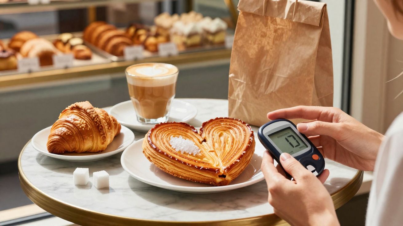 Mesa com croissant, doce em forma de coração, café e monitor de glicemia nas mãos de uma pessoa.