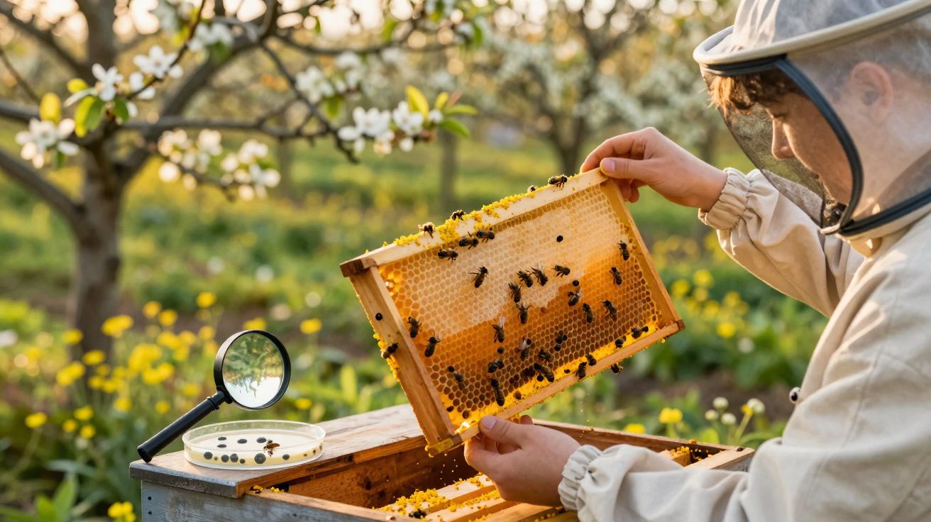 Apicultor segurando quadro de colmeia com abelhas em jardim com flores amarelas ao fundo.