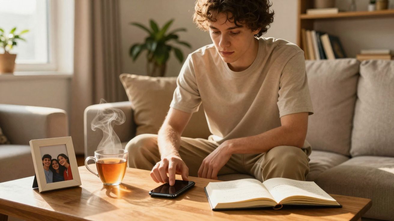 Jovem sentado no sofá pegando o celular, com livro aberto e xícara de chá quente na mesa de madeira.