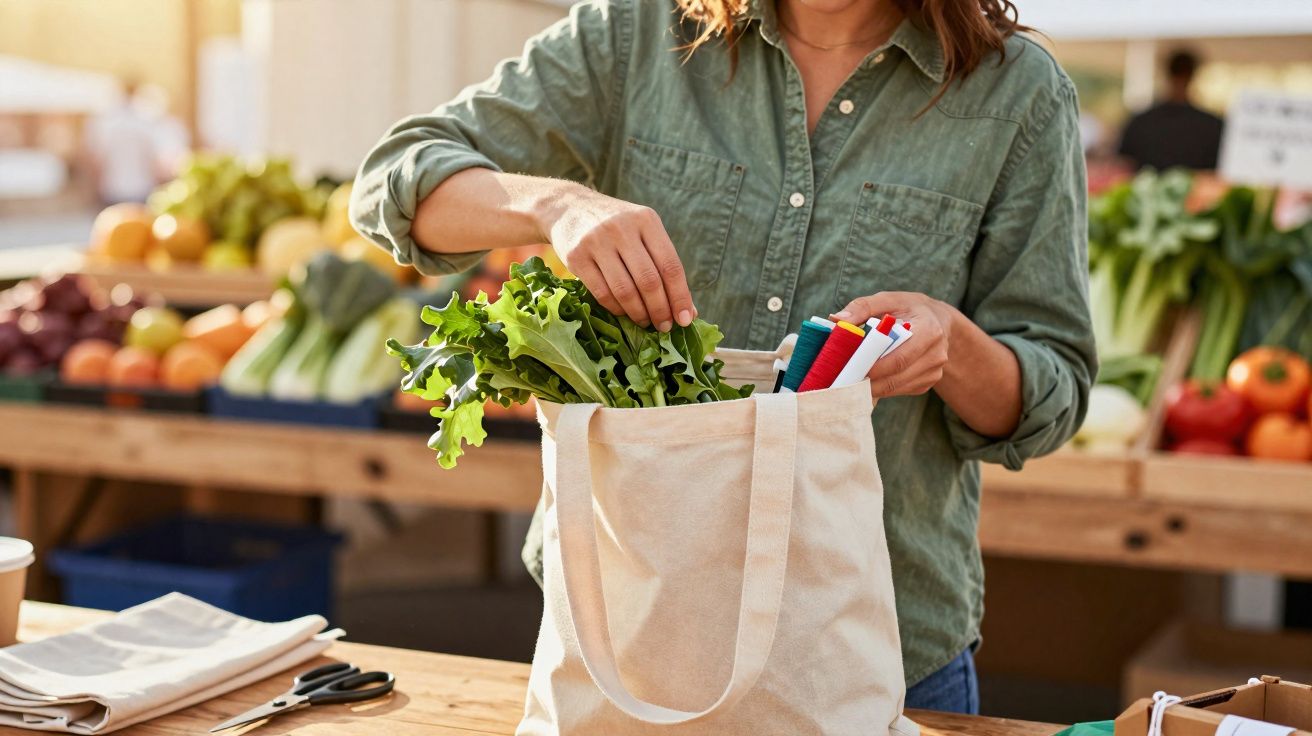 Pessoa colocando alface e outros itens em saco reutilizável em feira ao ar livre com frutas e legumes ao fundo.