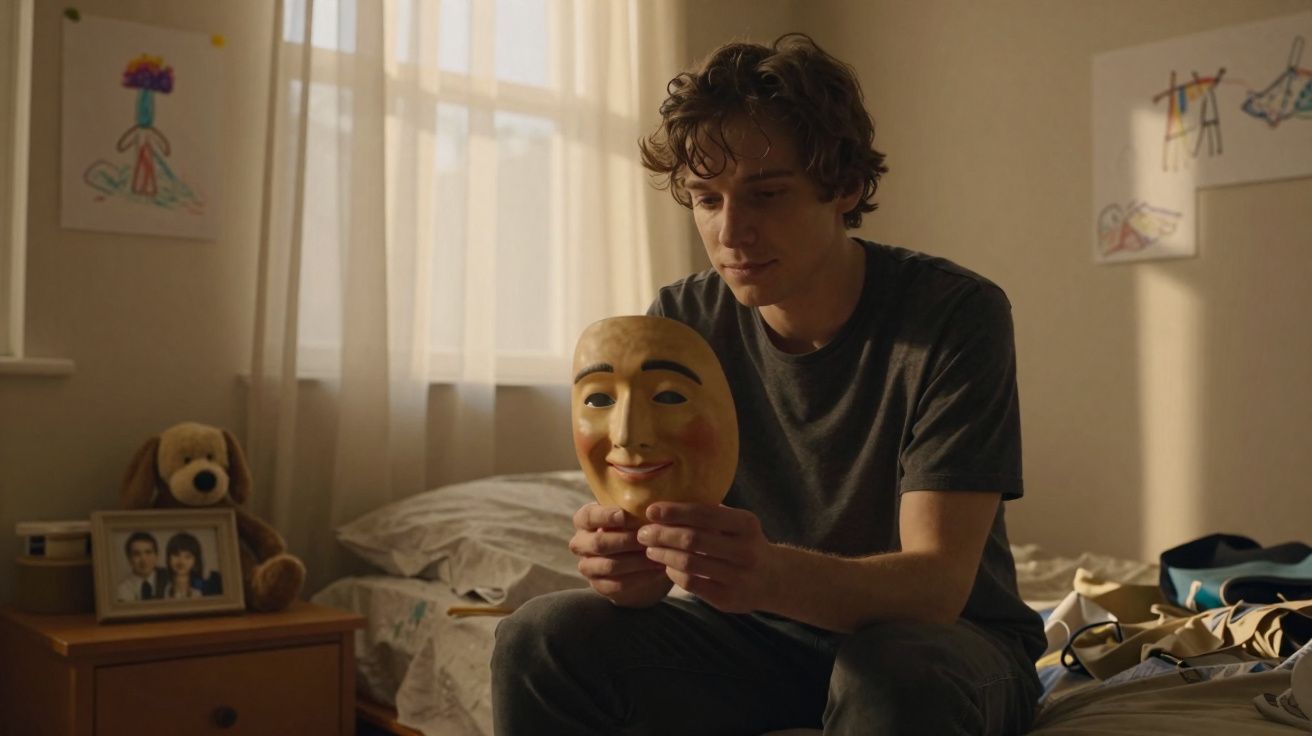 Jovem sentado na cama segura uma máscara sorridente em quarto com brinquedo e quadro infantis.