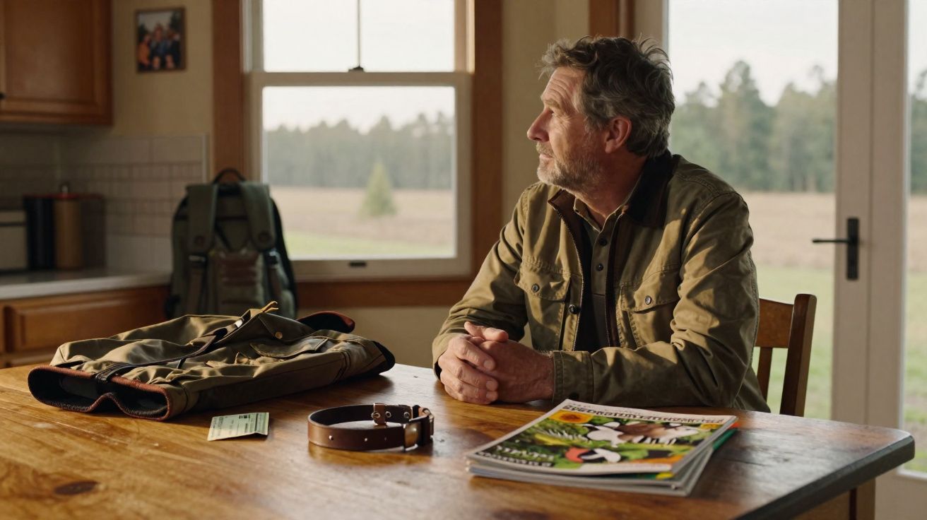 Homem sentado à mesa olhando pela janela, com revistas, cinto e casaco sobre a mesa em uma cozinha.