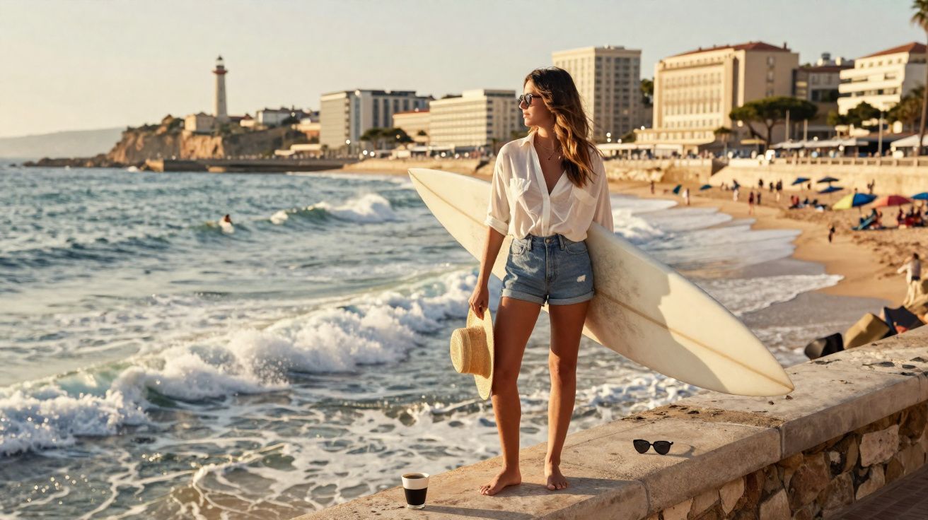 Mulher de camiseta branca e shorts curtos segura prancha de surf em praia com cidade ao fundo.