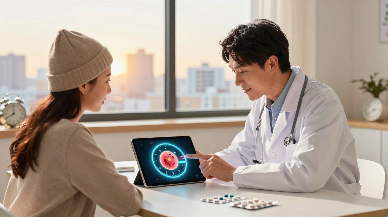 Médico explicando exame em tablet para paciente em consultório com comprimidos sobre a mesa.