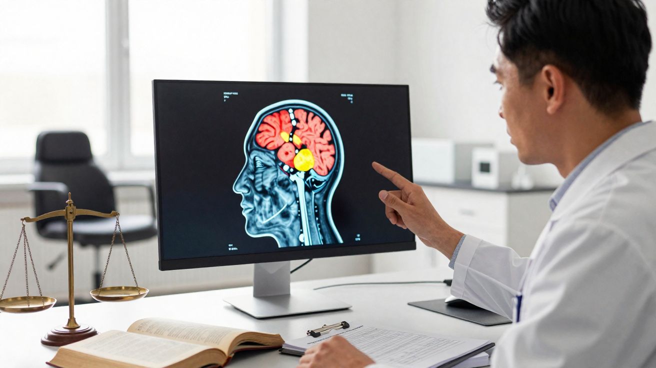 Médico analisando imagem de ressonância magnética com destaque no cérebro em monitor de computador.