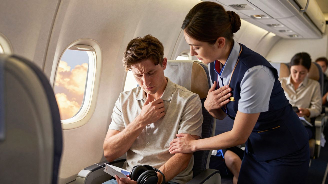Comissária de bordo oferecendo ajuda a passageiro com desconforto no pescoço durante voo.