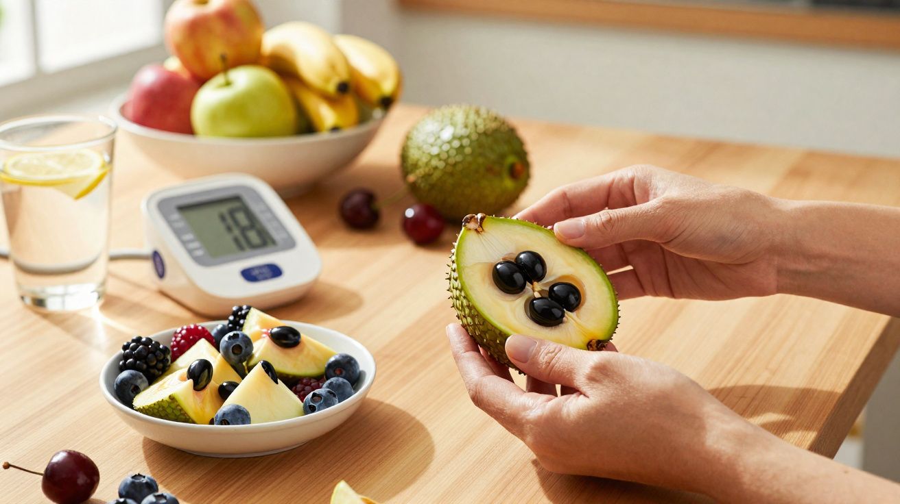Mãos segurando fruta branca com sementes pretas, frutas variadas, copo de água e aparelho de glicemia sobre mesa.