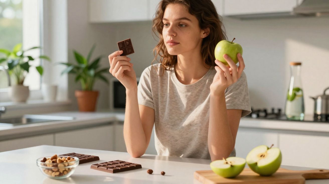 Mulher na cozinha segurando pedaço de chocolate em uma mão e maçã verde na outra, pensativa.