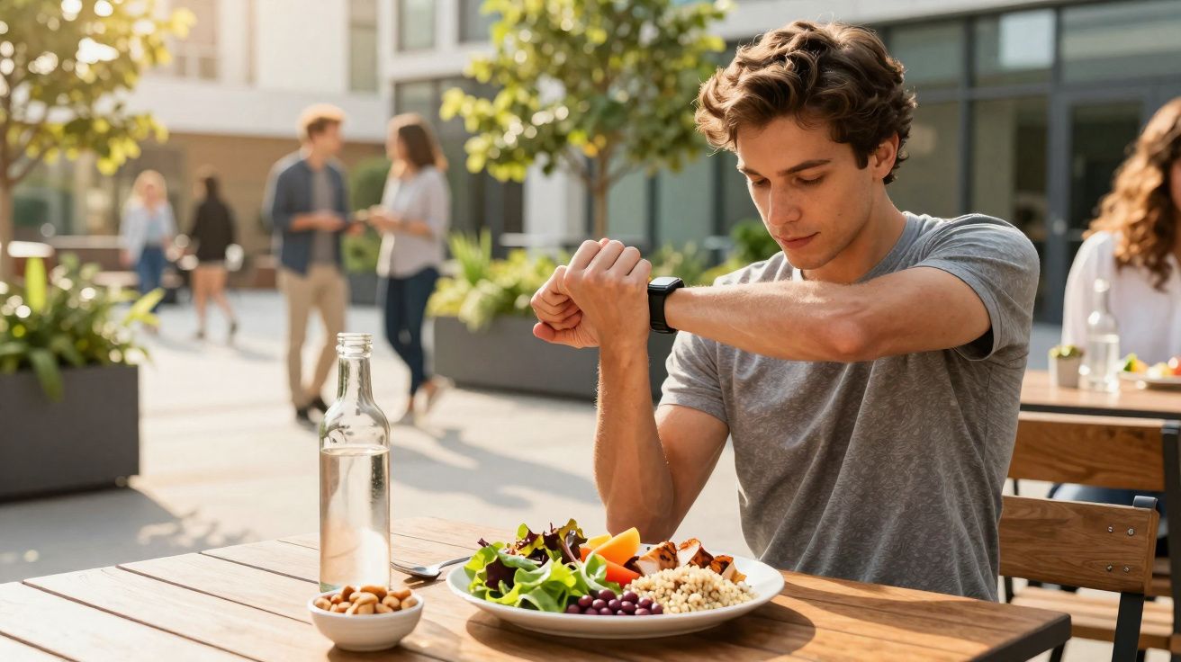 Jovem sentado em restaurante ao ar livre conferindo o relógio enquanto um prato de comida saudável está à sua frente.