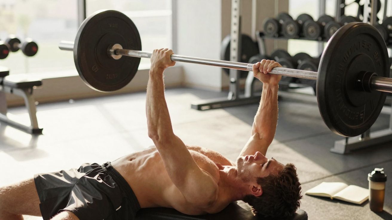 Homem muscular deitado em banco fazendo supino com barra na academia iluminada.