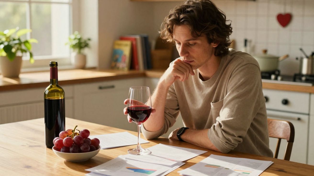 Homem sentado à mesa da cozinha lendo documentos com taça e garrafa de vinho e uma tigela de uvas.