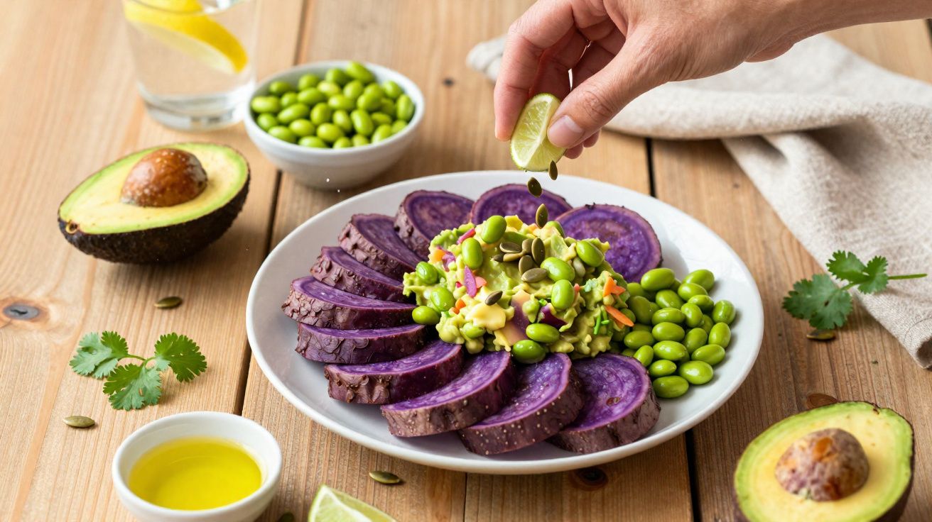 Prato com batata-doce roxa fatiada, guacamole, edamame e sementes, limão sendo espremido por uma mão.