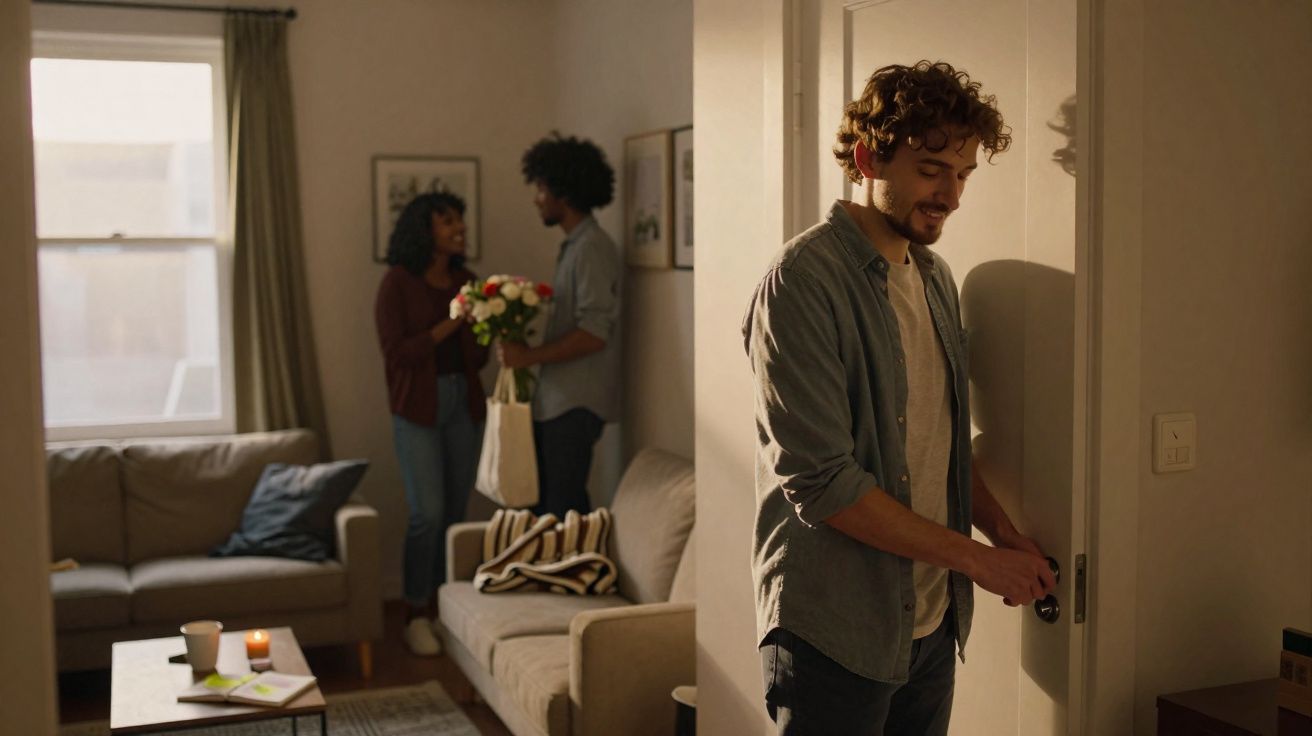 Homem fechando porta com casal ao fundo segurando flores em sala de estar acolhedora.