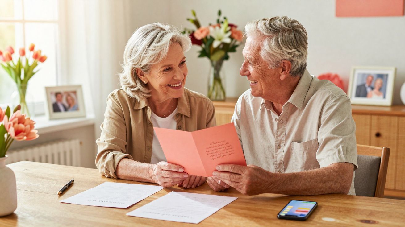 Casal idoso sorrindo enquanto lê cartão juntos à mesa com documentos e celular.