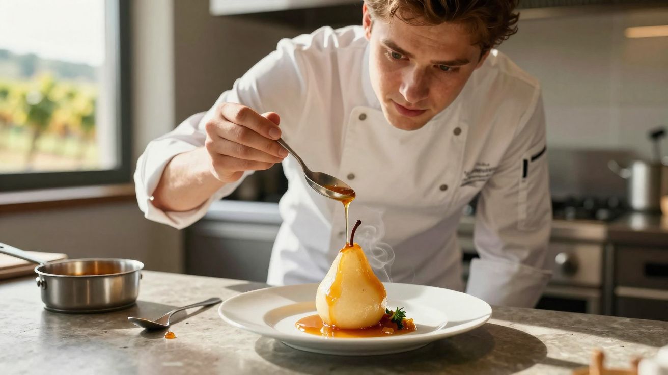 Chef na cozinha sofisticada regando calda quente em pera poché servida em prato branco.