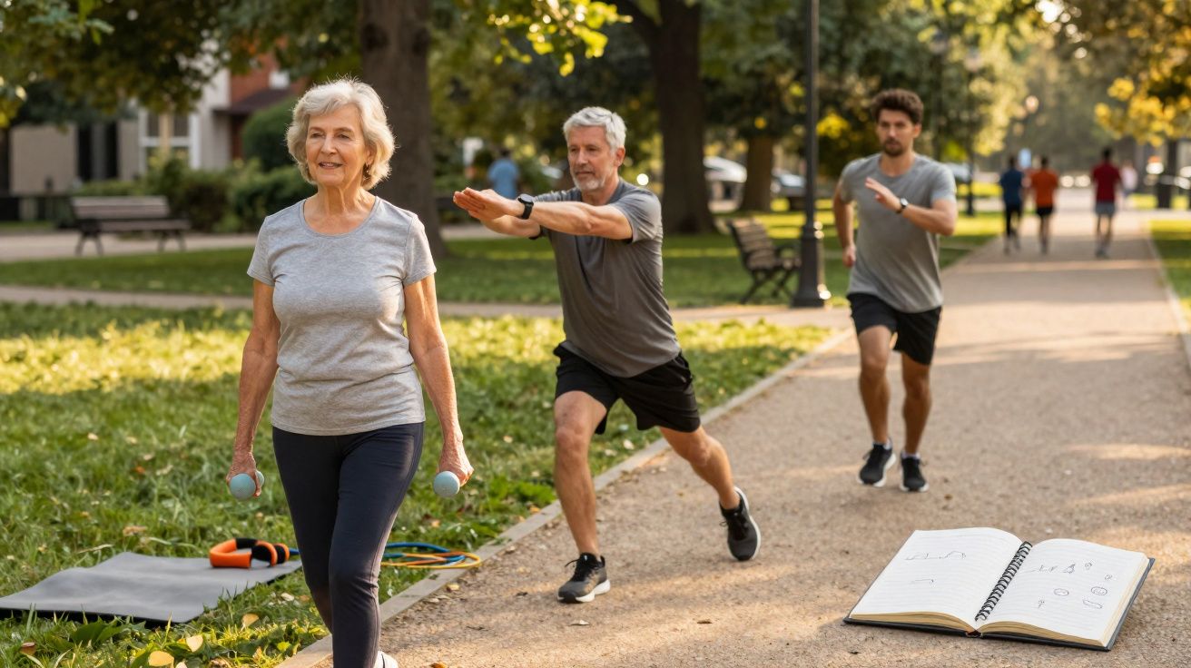 Grupo de pessoas praticando exercícios físicos ao ar livre em um parque ensolarado.
