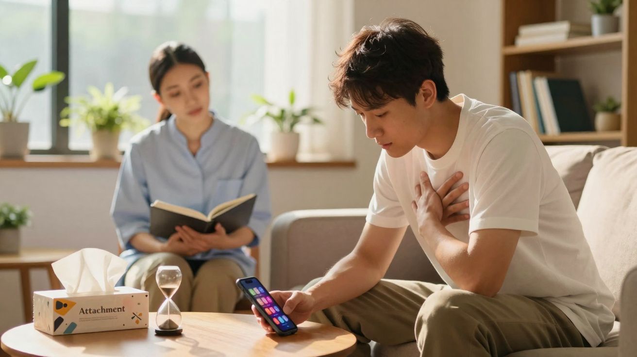 Homem senta no sofá com mão no peito usando celular, mulher atrás lendo livro em ambiente iluminado.