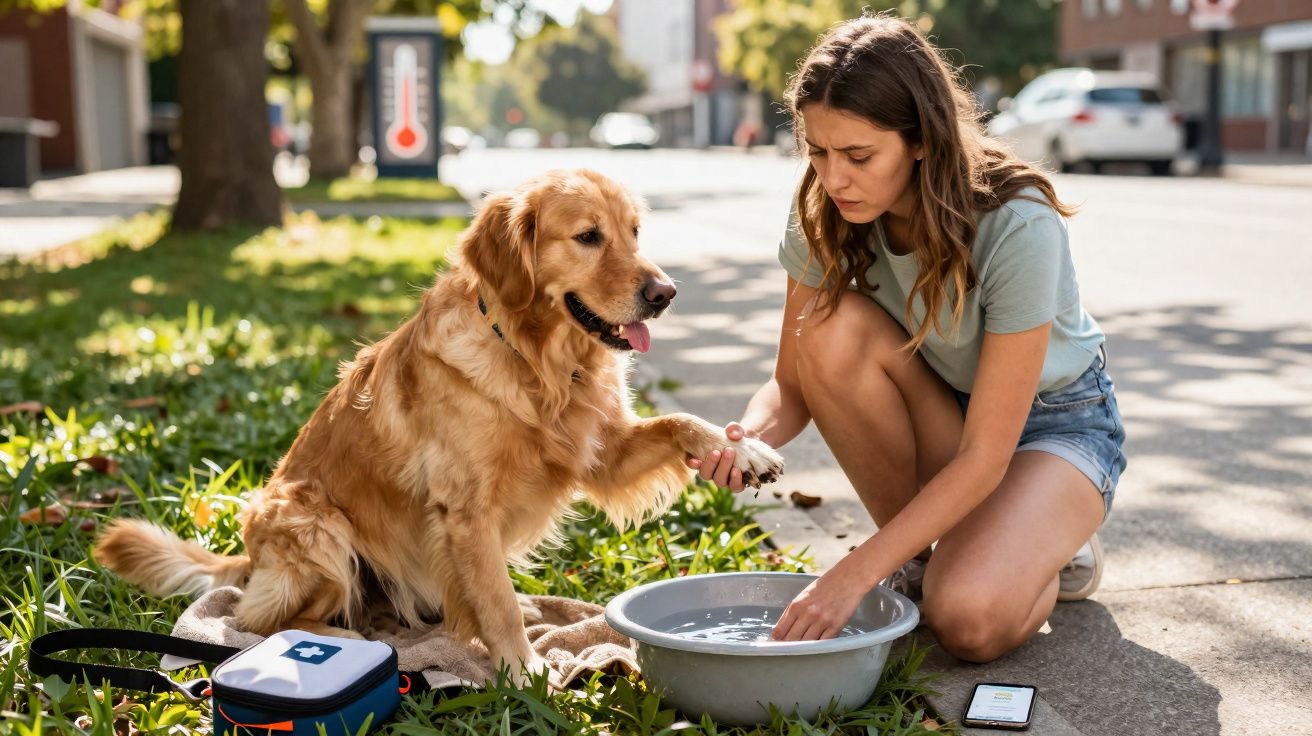 Mulher cuidando da pata de cachorro dourado ao ar livre com bacia de água e kit de primeiros socorros.