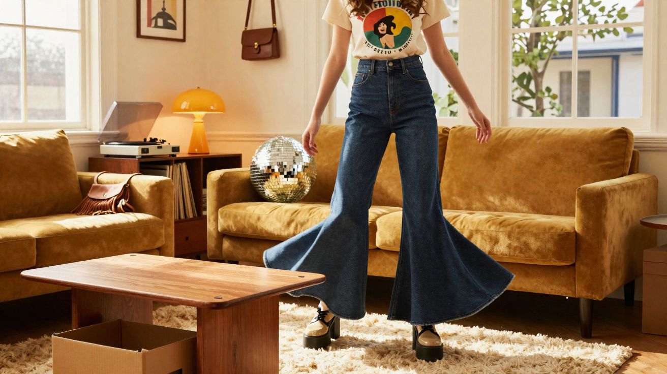 Pessoa vestindo calça jeans pantalona e camiseta off-white em sala com sofá amarelo, disco de espelhos e vitrola.
