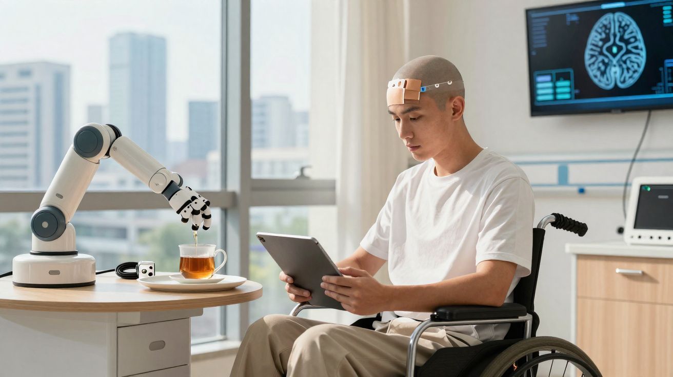 Homem em cadeira de rodas com sensor cerebral usa tablet enquanto robô serve chá em escritório moderno.
