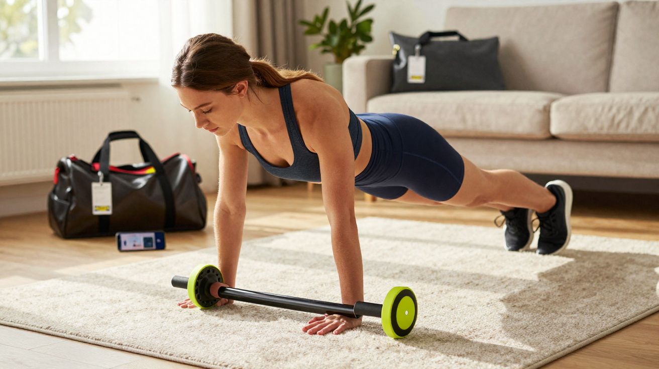 Mulher fazendo prancha com barra de exercício em sala de estar, com bolsa e celular ao fundo.