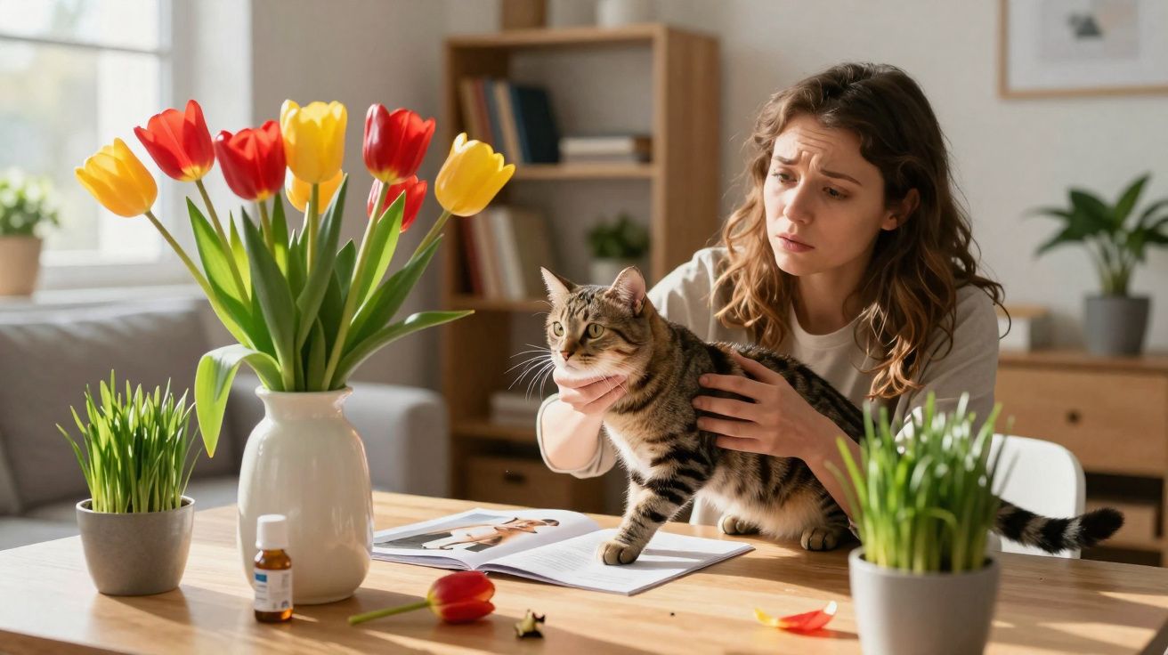 Mulher segurando gato sobre mesa com plantas e flores em sala iluminada por janela.