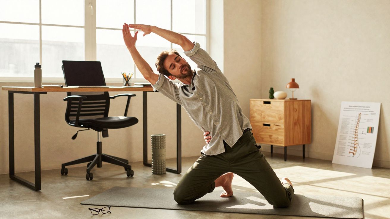 Homem fazendo alongamento em tapete ao lado de mesa de escritório com cadeira e laptop.