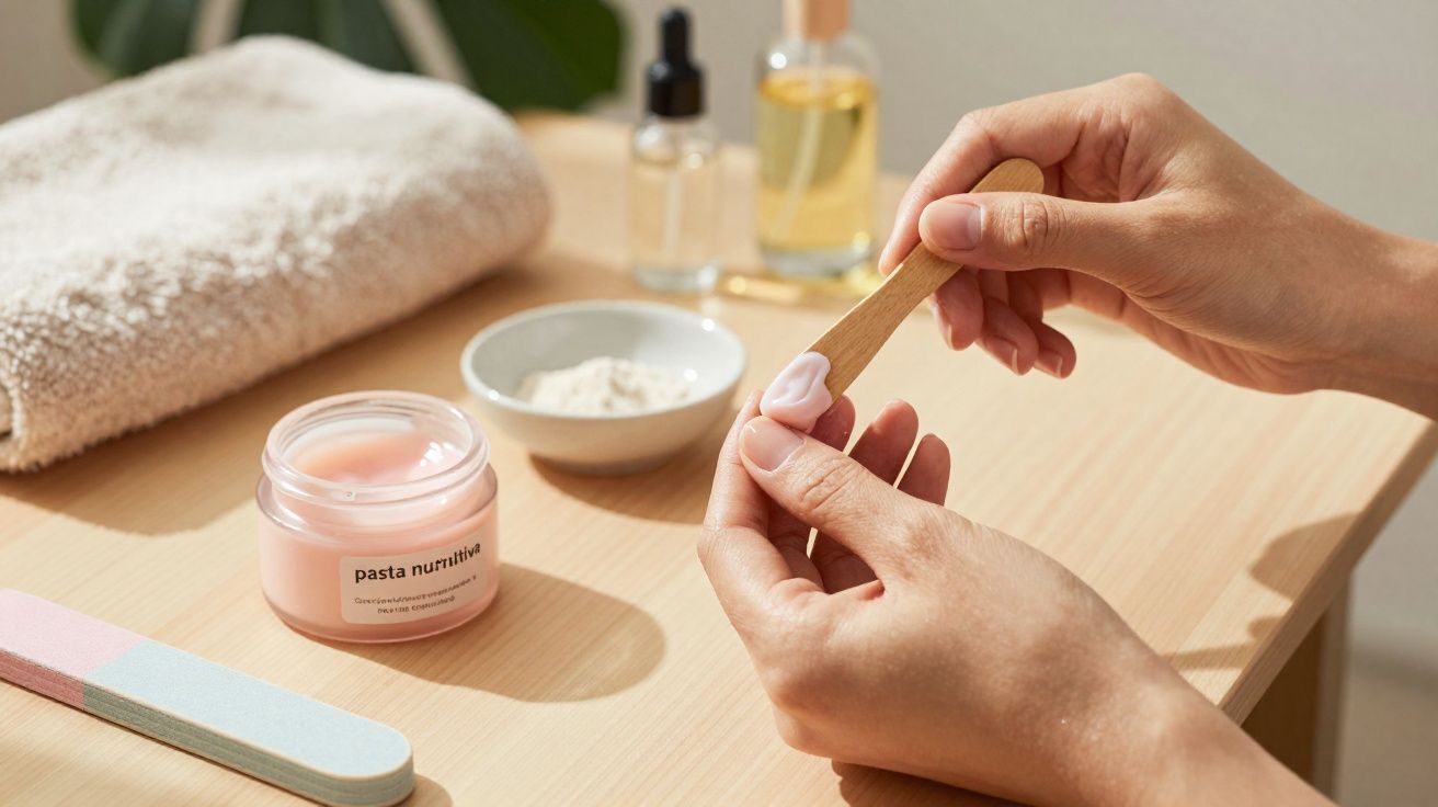 Mãos aplicando creme rosa com espátula, ao lado de toalha, lixa e produtos de beleza sobre mesa de madeira.