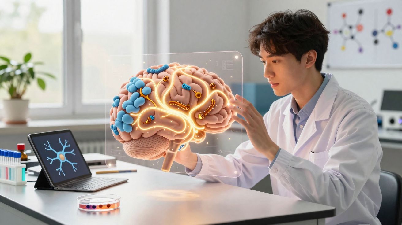 Cientista em laboratório manipulando holograma iluminado de um cérebro humano.