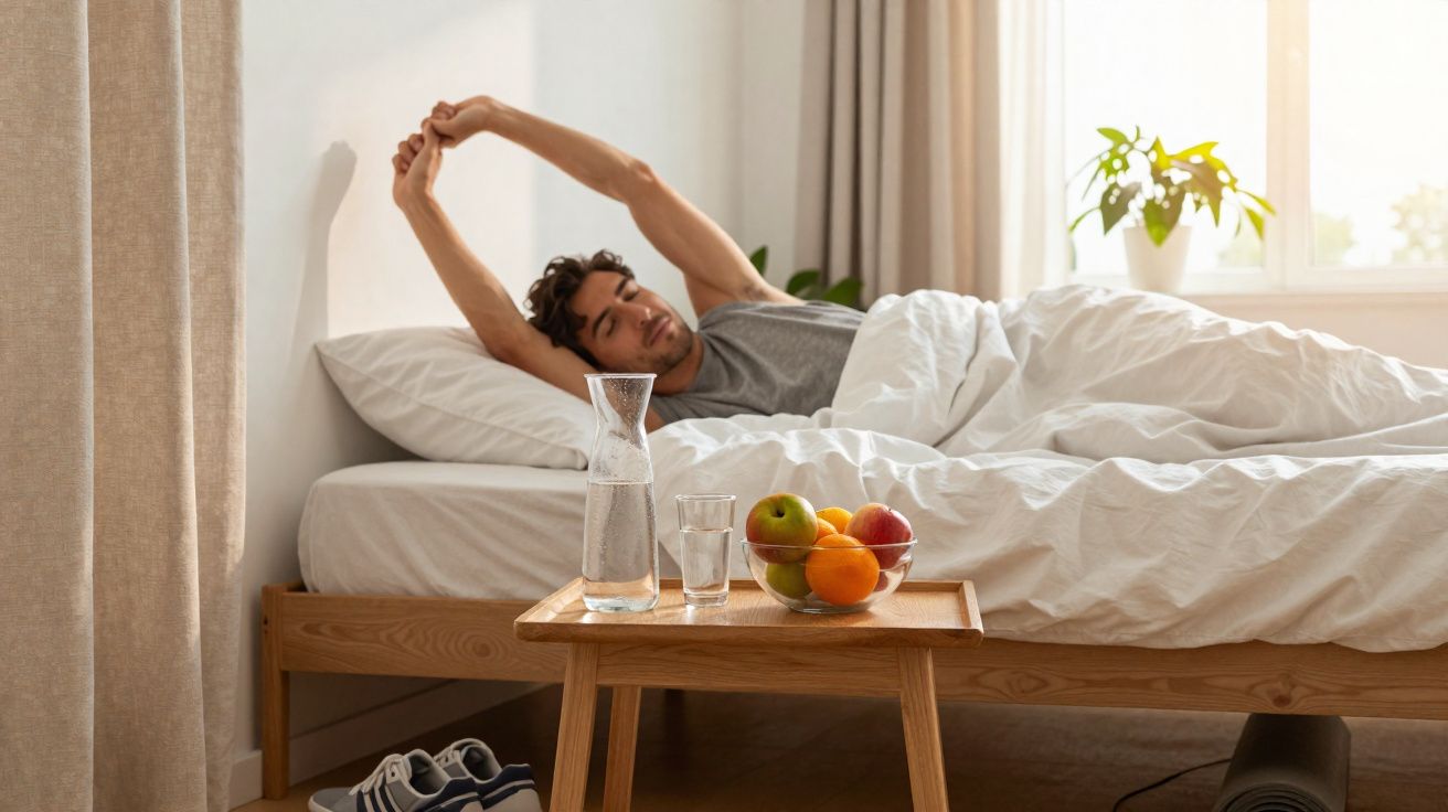 Homem acordando e se espreguiçando na cama, com jarra e frutas sobre mesa ao lado.