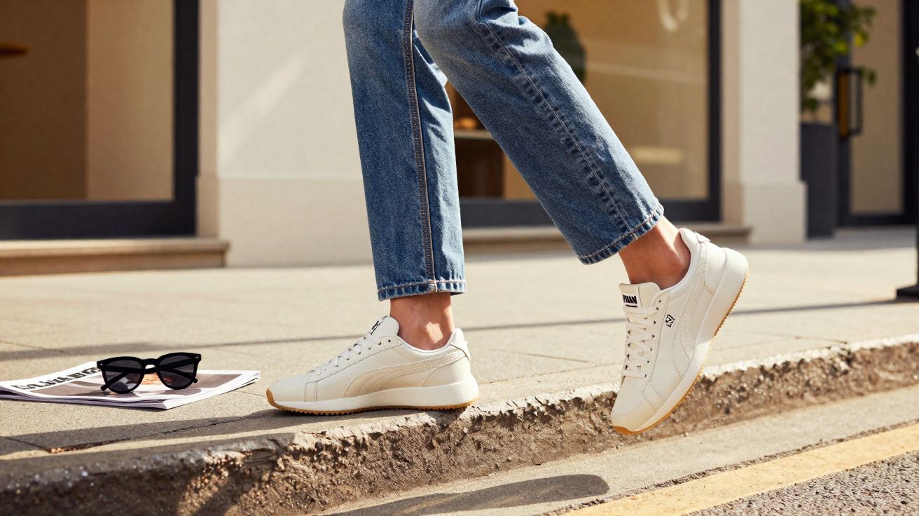 Pessoa usando tênis branco e calça jeans andando na calçada com óculos escuros e revista ao lado.