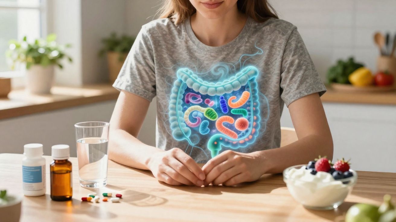 Pessoa sentada à mesa com imagens digitais do intestino e probióticos sobre o corpo.