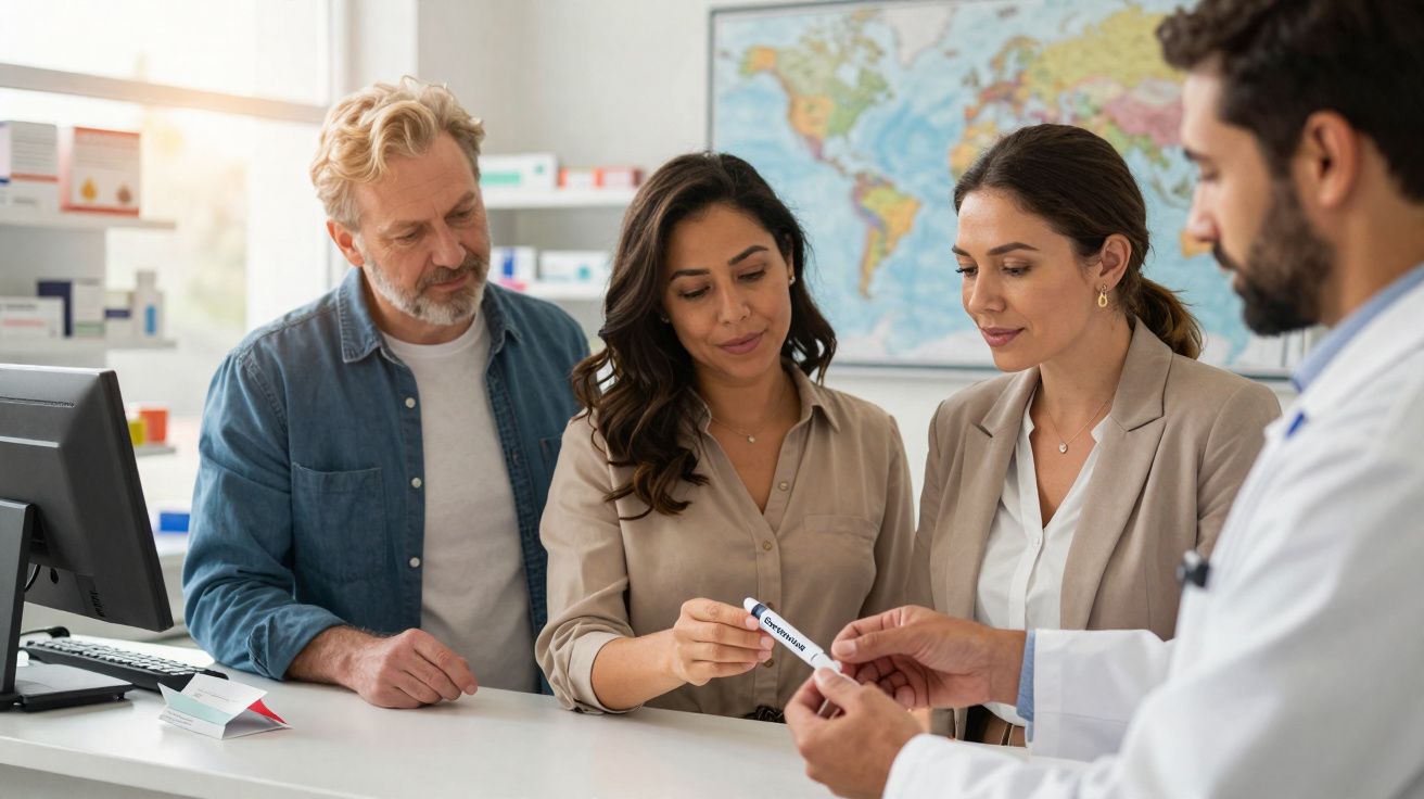 Paciente recebendo explicação sobre medicamento de farmacêutico em farmácia com outras duas pessoas presentes.