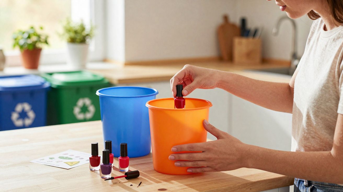 Pessoa descartando esmalte em pote laranja ao lado de outros recipientes coloridos de reciclagem.