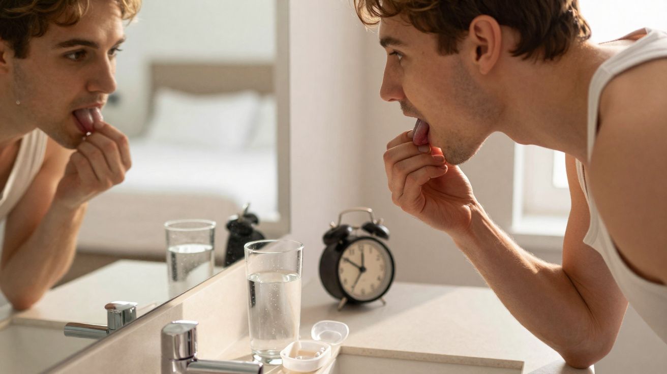 Homem olhando no espelho se examinando a língua no banheiro, com copo de água e relógio no balcão.