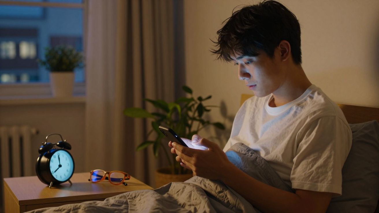 Jovem na cama olhando para o celular à noite, despertador e óculos na mesa ao lado da cama.