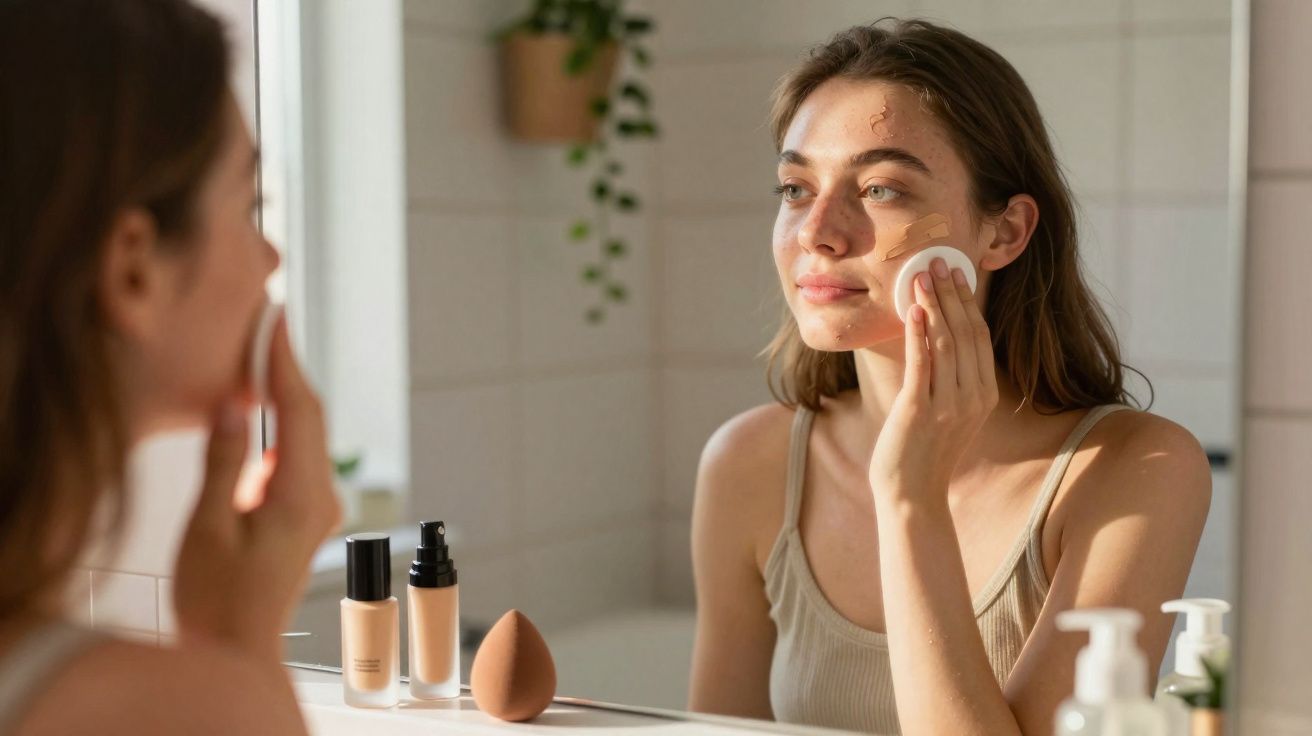 Mulher aplicando base no rosto com esponja em frente ao espelho no banheiro iluminado pela luz natural.