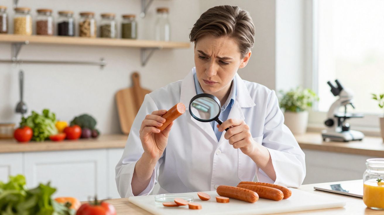 Mulher cientista em jaleco branco inspecionando salsicha com lupa em cozinha com alimentos ao fundo.