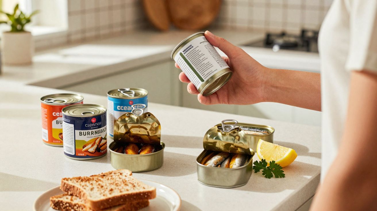 Pessoa segurando lata de sardinhas em cozinha, com latas abertas, fatias de pão e limão sobre bancada branca.