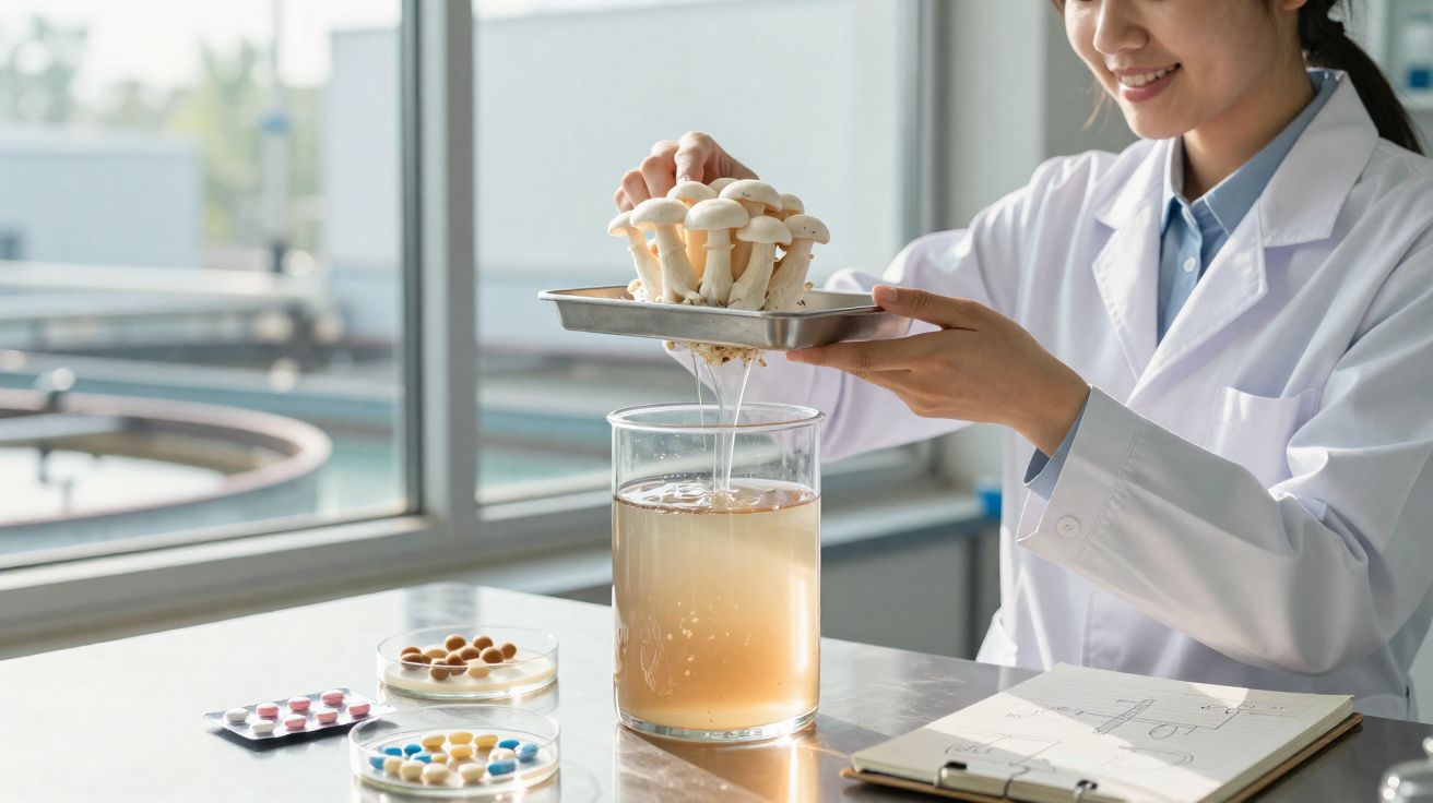 Pesquisadora em jaleco extrai líquido de cogumelos em laboratório com vários frascos e medicamentos na mesa.