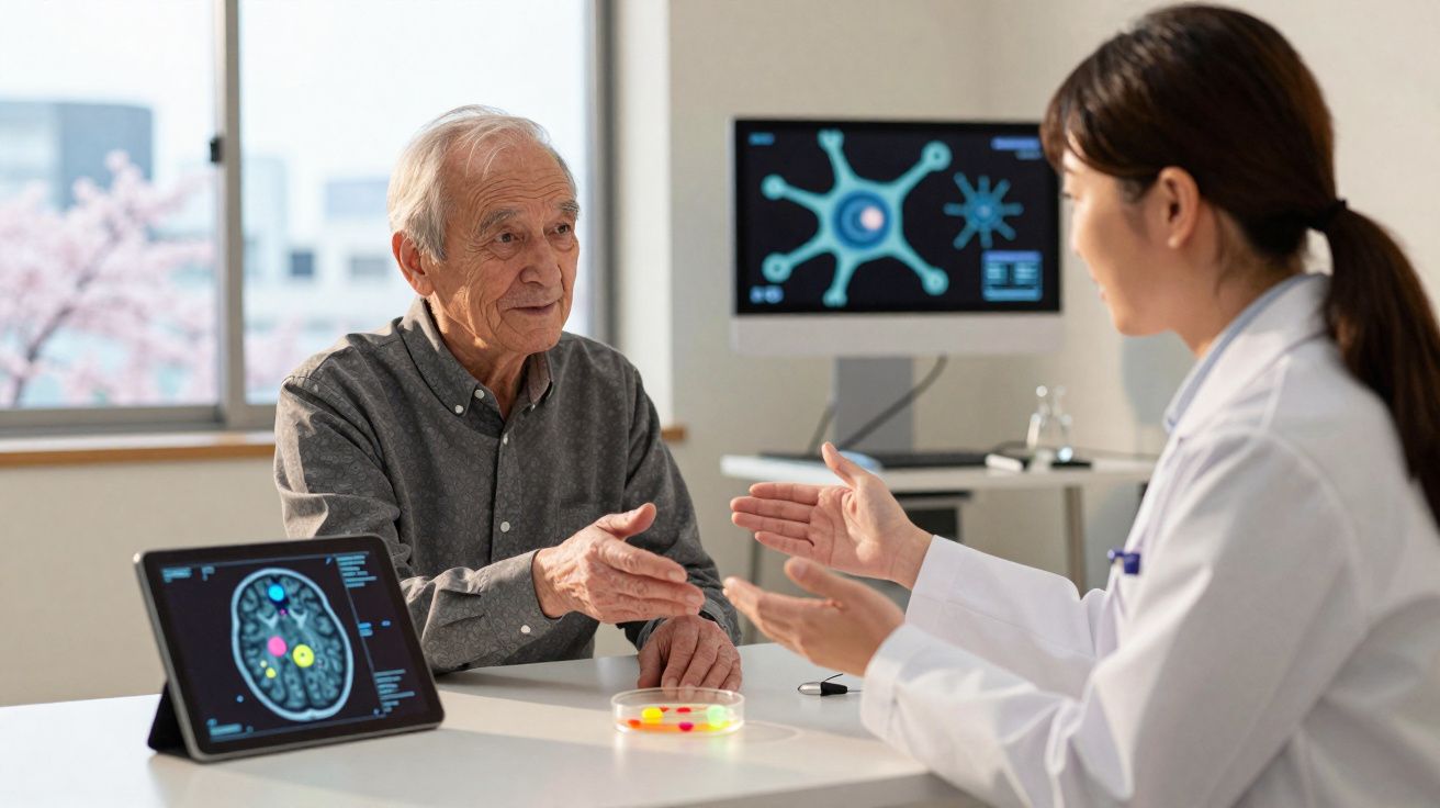 Idoso conversando com médica em consultório, com imagens de cérebro e neurônio em telas digitais ao fundo.