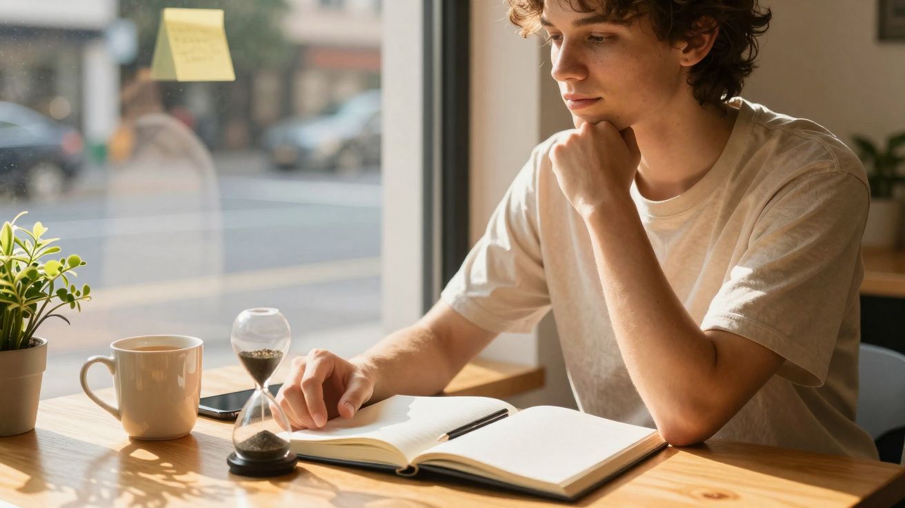 Jovem masculino refletindo enquanto estuda com livro aberto, ampulheta e café em mesa iluminada pela luz natural.
