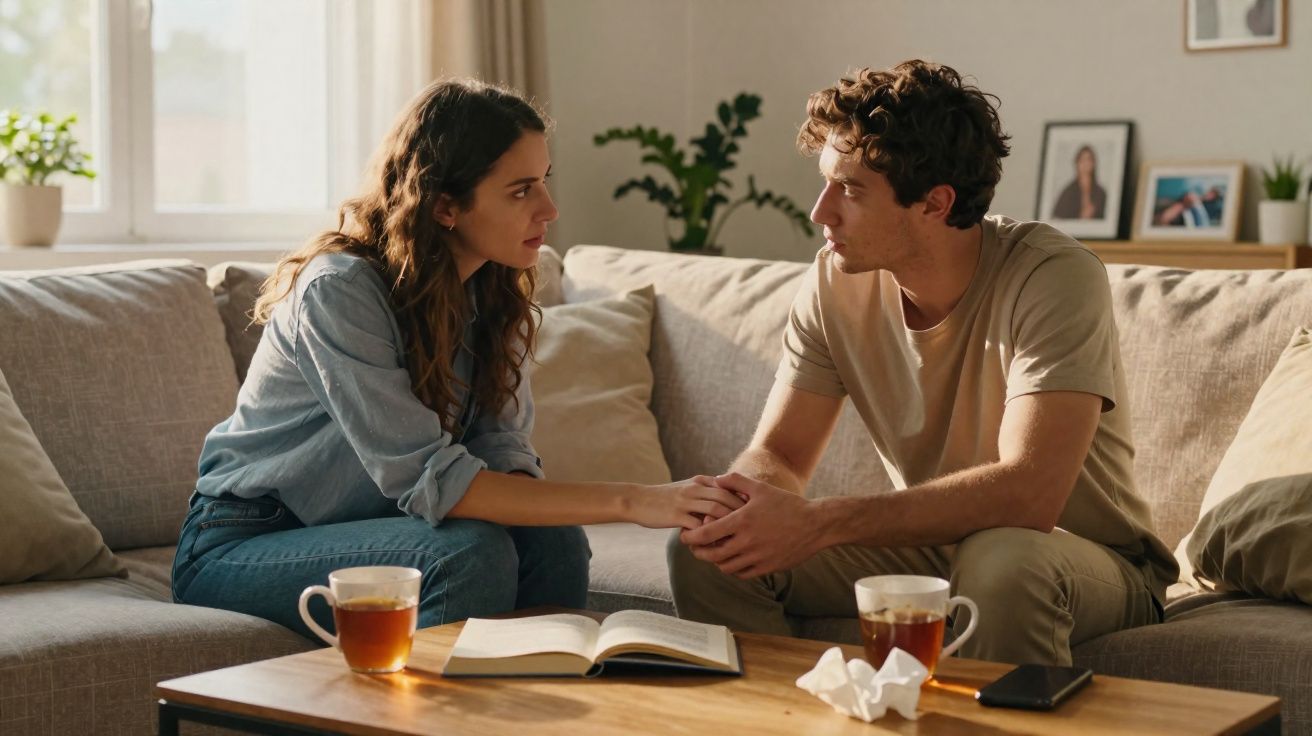 Casal sentado no sofá conversando e se apoiando, com livro aberto e chá sobre a mesa de madeira.