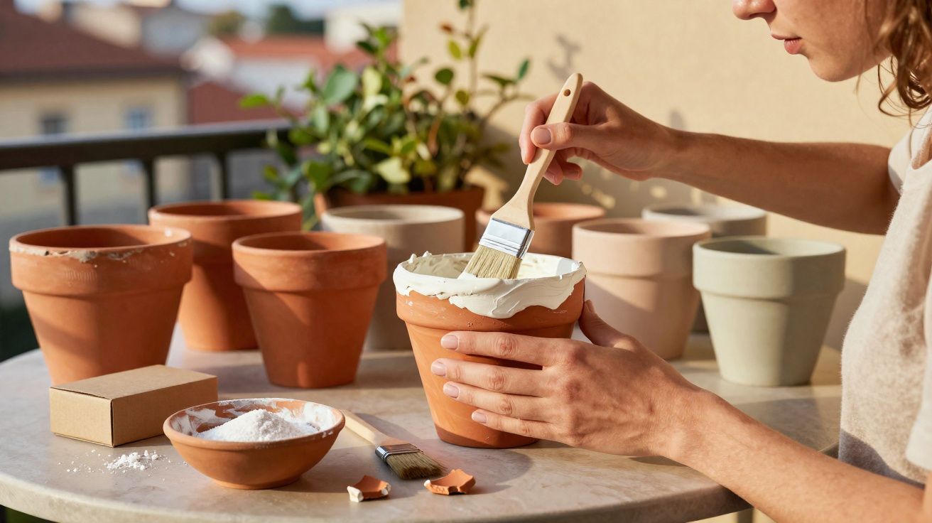 Pessoa aplicando tinta branca em vaso de barro em mesa com outros vasos e pote de pó branco.