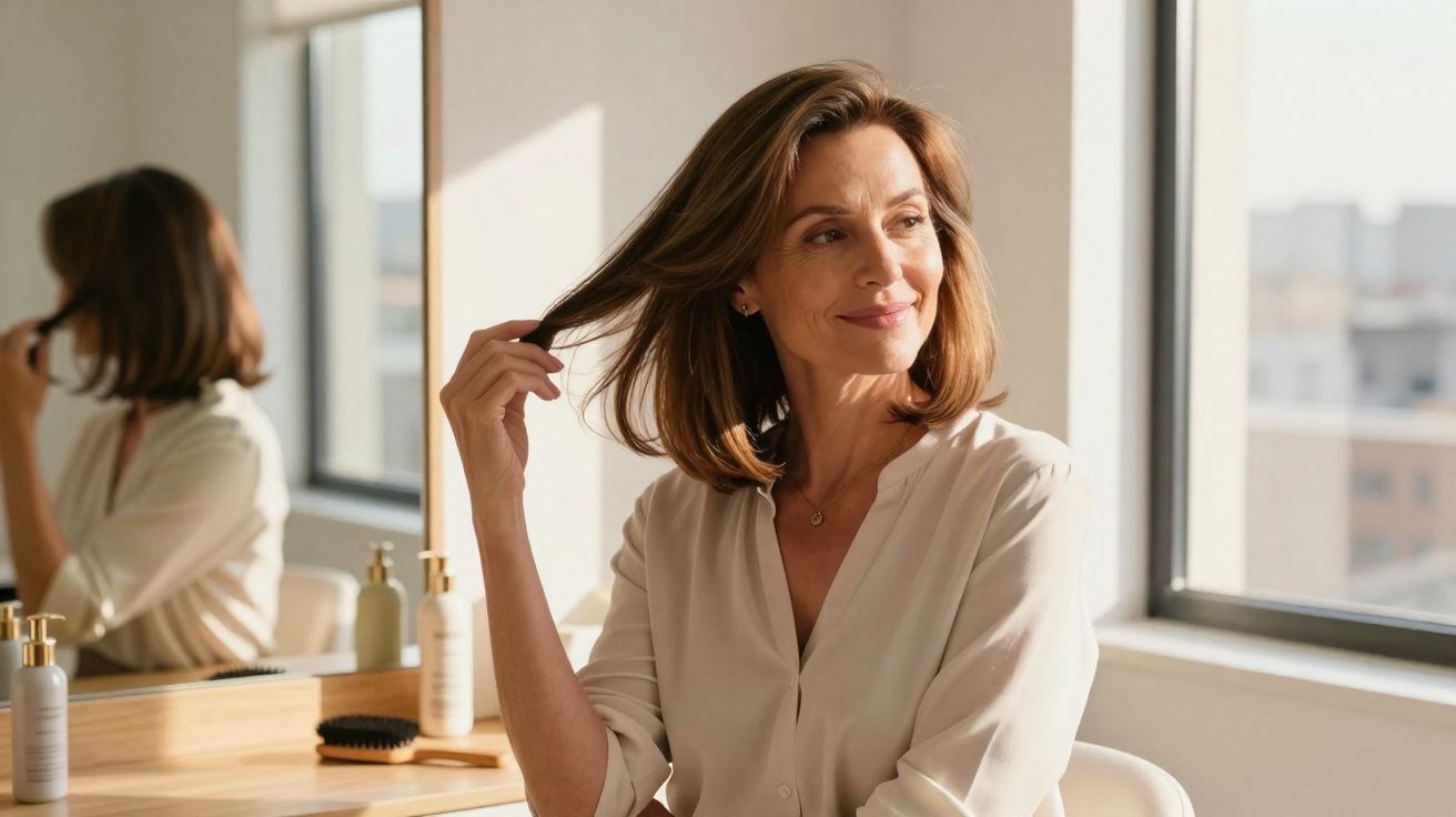 Mulher sorridente penteando o cabelo em frente ao espelho em ambiente iluminado pela luz natural.