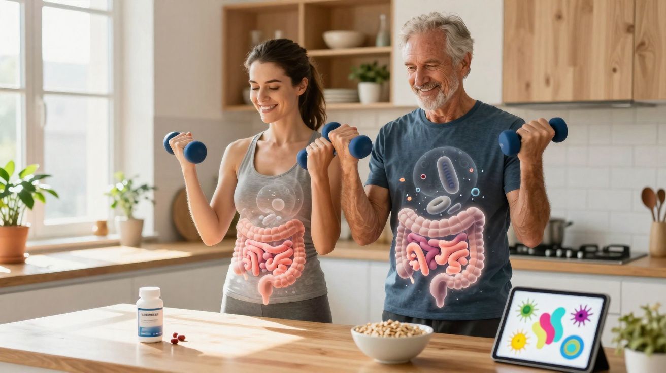 Homem e mulher com halteres mostram visualização do intestino, promovendo saúde intestinal em cozinha iluminada.